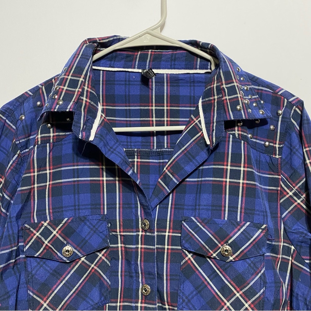 Cowgirl Western Beaded Women's Blue Plaid Button Down Shirt Sz 1X